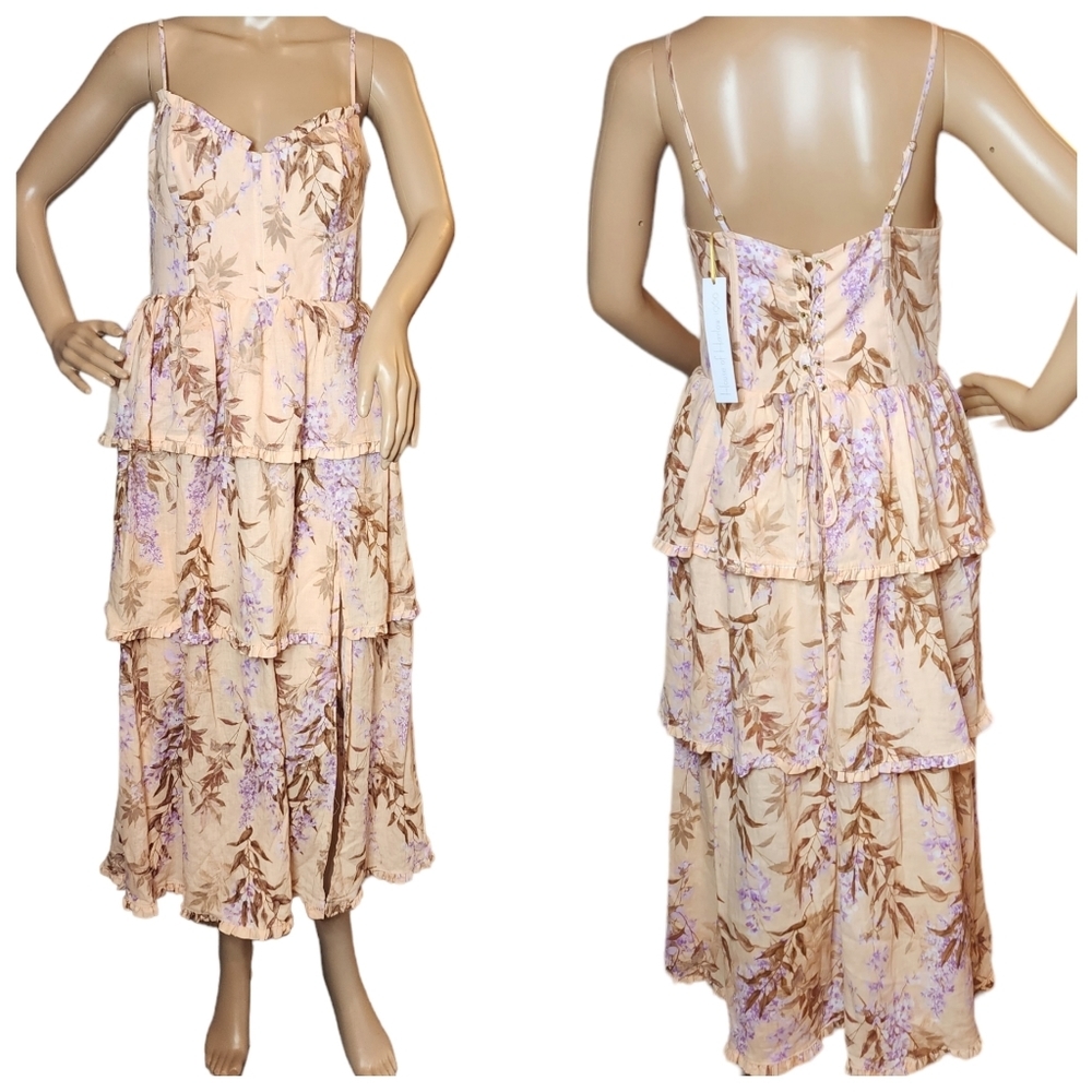 Nwt House Of Harlow Corset Tiered Linen/Rayon. Peach/Lavender Midi Dress. Medium